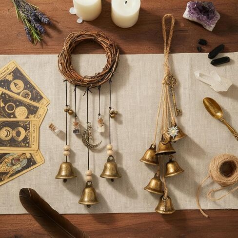 Set of 2 Witch Bells for Door – Featuring a Moon Wreath + Vintage Key, Said to Ward Off Negative Energy; Witches Bells Hanger for Front Door, Entryway & Doorknob; Witchy Decor in Saudi Arabia