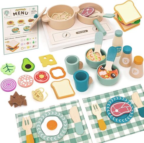 30 PCS Wooden Play Dishes and Plates for Kids, Montessori Wooden Kitchen Accessories Tableware Set Toys for Toddler Gifts, Pretend Play Food Sets for Children Birthday 3 4 5 6 Boys Girls in Saudi Arabia
