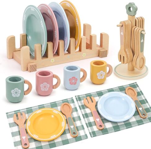 30 PCS Wooden Play Dishes and Plates for Kids, Montessori Wooden Kitchen Accessories Tableware Set Toys for Toddler Gifts, Pretend Play Food Sets for Children Birthday 3 4 5 6 Boys Girls in Kuwait