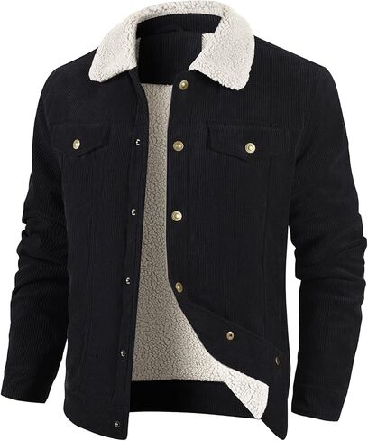 HOTIAN Men's Corduroy Jacket Sherpa Lined Fleece Trucker Jackets Lapel Collar Button Thickened Winter Warm Coat in Kuwait