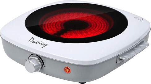 طبق تسخين كهربائي مدمج بشعلة واحدة من دافيفي، 1200 واط، قاعدة من الفولاذ المقاوم للصدأ، سطح زجاجي من السيراميك البلوري مقاس 7.5 بوصة، موقد يعمل بالأشعة تحت الحمراء لجميع أواني الطبخ للمنزل/RV/المخيم (مقبض مزدوج) in Kuwait