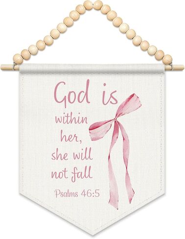 FLVGE Coquette Pink Bow Christian Wall Art Decor, God Is Within Her She Will Not Fall Canvas Banner, Boho Wood Beads Bible Verses Bow Wall Art Decor Hanging Pennant Flag for Dorm,11x14 in Saudi Arabia