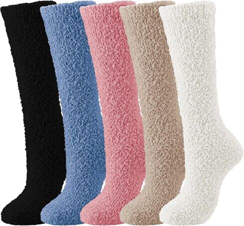 Hoosige 5 Pairs Womens Fuzzy Slipper Socks Soft Knee High Socks Assorted Long Socks Fluffy Winter Gift Plush New Year Socks in Saudi Arabia