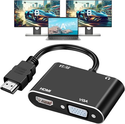 VGA to HDMI+VGA Adapter for Dual monitors, VGA to VGA, VGA to HDMI Adapter Splitter 2 IN 1,1080P@60HZ Full HD Display Video Converter for PC Laptop Link Monitor/HDTV/Projector, Fully Plug & Play in Saudi Arabia