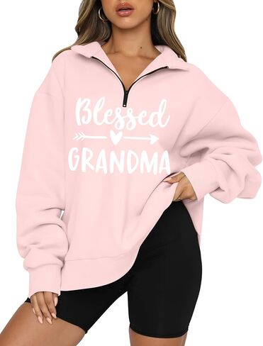 Grandma Sweatshirt for Women - V Neck Half Zip Blessed Grandma Letter Print Shirt Nana Long Sleeve Pullover Tops in Saudi Arabia