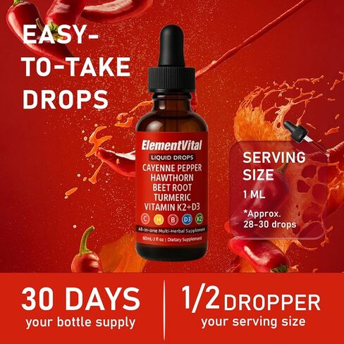 قطرات الفلفل الحار من فيليستوف، مكمل سائل الفلفل الحار العضوي مع الزعرور وجذور البنجر والكركم وفيتامين K2 + D3 ومستخلص البربارين، يحسن القدرة على التحمل، ويعزز مستويات الطاقة (2) in Kuwait