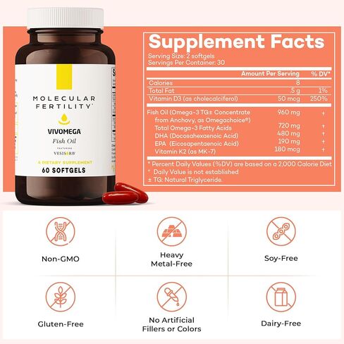 VIVOMEGA Fish Oil with VESIsorb® - Fertility Supplement for Women & Men - Doctor Formulated EPA DHA Omega 3 Fatty Acids, Vitamin D3 K2 for Reproductive Wellness - 60 Softgels in Saudi Arabia