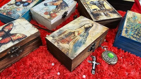 RK Collections Our Lady of Guadalupe Virgin Mother Mary Rosary Box. Vintage Woodem Prayer Box for Religious Gift. Trinket case Holder (6.5 x 4.25 x 2.25 inches) in Saudi Arabia