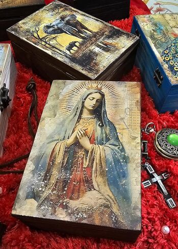RK Collections Our Lady of Guadalupe Virgin Mother Mary Rosary Box. Vintage Woodem Prayer Box for Religious Gift. Trinket case Holder (6.5 x 4.25 x 2.25 inches) in Saudi Arabia