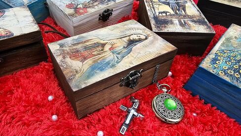 RK Collections Our Lady of Guadalupe Virgin Mother Mary Rosary Box. Vintage Woodem Prayer Box for Religious Gift. Trinket case Holder (6.5 x 4.25 x 2.25 inches) in Saudi Arabia