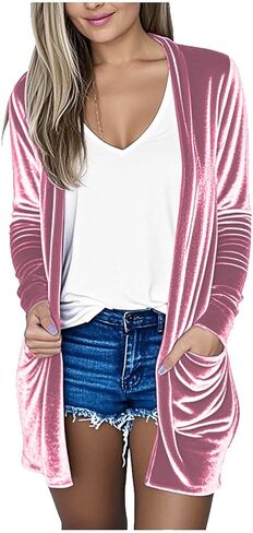 TANGNADE Velvet Cardigan for Women Elegant Dressy Long Sleeve Open Front Cardigans Jacket Casual Outerwear Coats with Pocket in Saudi Arabia