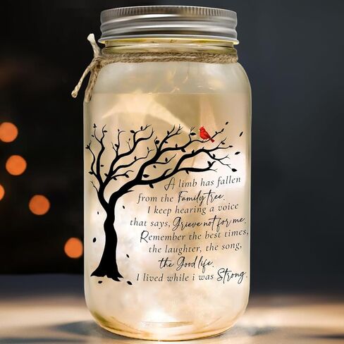 Memorial Gifts Mason Jar Night Light, Red Cardinal - Memory Gifts for Loss Loved Ones, Bereavement Gifts, Memorial Gifts for Loss Of Mom - Dad/Son/Family Member A Limb Has Fallen From Our Family Tree in Saudi Arabia
