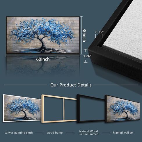 erqinhua كبير قماش جدار ديكور لغرفة المعيشة مزرعة جدار الفن لغرفة النوم أسود مؤطرة جدارية لوحات مجردة شجرة زرقاء جدار الصور الفنية مكتب الديكور المهجع ديكور المنزل 30x60 في in Kuwait