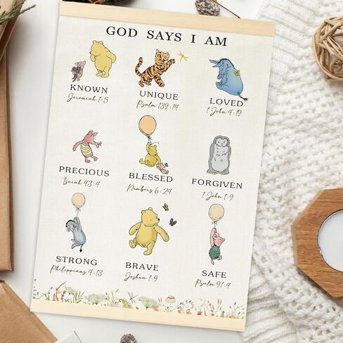 Winnie Biblical Affirmations Wall Art, The Pooh Canvas Wall Art Painting for Room, Wooden Hanging Rod Religious Gifts, Nursery Decoration For Boy or Girl in Saudi Arabia