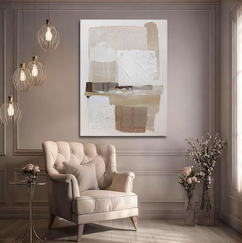 SHEYOYE 40x40 Inch Neutral Abstract Wall Art – Beige and Cream Geometric Square Canvas Artwork for Modern Living Room Wall Decor, Minimalist Neutral Wall Art for Bedroom or Office in Saudi Arabia