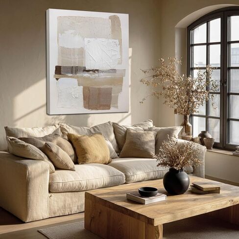 SHEYOYE 40x40 Inch Neutral Abstract Wall Art – Beige and Cream Geometric Square Canvas Artwork for Modern Living Room Wall Decor, Minimalist Neutral Wall Art for Bedroom or Office in Saudi Arabia