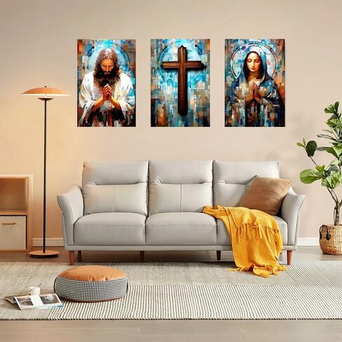 1Set/3pcs Religious Triptych Wall Art - Jesus, Cross & Mary in Colorful Mosaic Style, 8x12 Inches, Unframed in Saudi Arabia