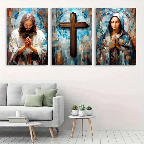 1Set/3pcs Religious Triptych Wall Art - Jesus, Cross & Mary in Colorful Mosaic Style, 8x12 Inches, Unframed in Saudi Arabia