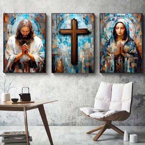 1Set/3pcs Religious Triptych Wall Art - Jesus, Cross & Mary in Colorful Mosaic Style, 8x12 Inches, Unframed in Saudi Arabia