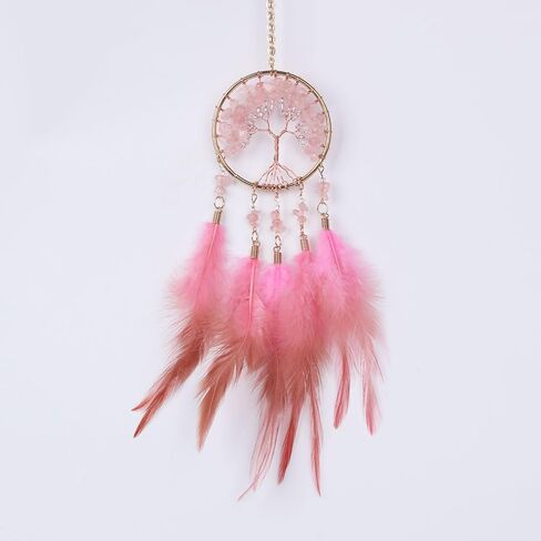 Pretty Jolly Small Tree of Life Crystal Stone Dream Catchers Pink Feathers Mini Dreamcatchers for Cars Rear View Mirror Hanging Decoration Good Luck Travel Charm Bedroom Ornaments for Women Girls in Saudi Arabia