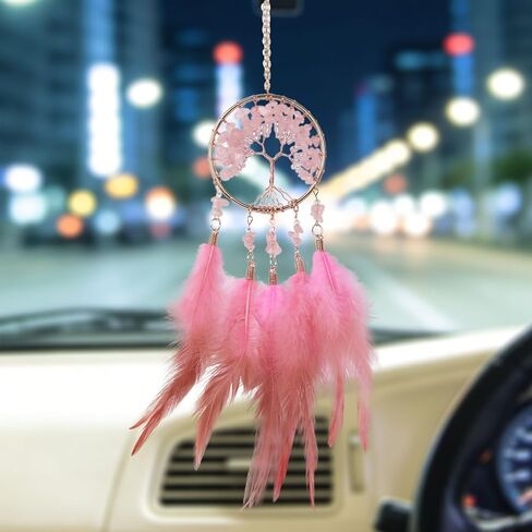 Pretty Jolly Small Tree of Life Crystal Stone Dream Catchers Pink Feathers Mini Dreamcatchers for Cars Rear View Mirror Hanging Decoration Good Luck Travel Charm Bedroom Ornaments for Women Girls in Saudi Arabia