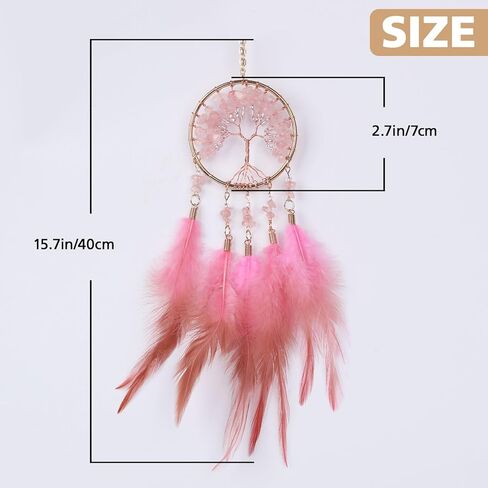 Pretty Jolly Small Tree of Life Crystal Stone Dream Catchers Pink Feathers Mini Dreamcatchers for Cars Rear View Mirror Hanging Decoration Good Luck Travel Charm Bedroom Ornaments for Women Girls in Saudi Arabia