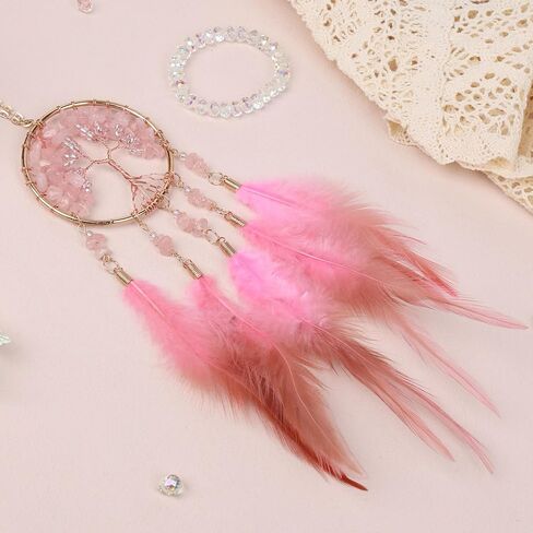 Pretty Jolly Small Tree of Life Crystal Stone Dream Catchers Pink Feathers Mini Dreamcatchers for Cars Rear View Mirror Hanging Decoration Good Luck Travel Charm Bedroom Ornaments for Women Girls in Saudi Arabia