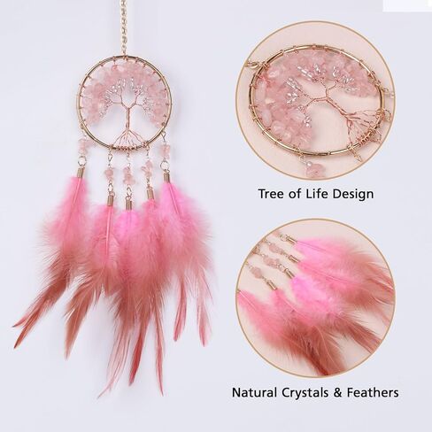 Pretty Jolly Small Tree of Life Crystal Stone Dream Catchers Pink Feathers Mini Dreamcatchers for Cars Rear View Mirror Hanging Decoration Good Luck Travel Charm Bedroom Ornaments for Women Girls in Saudi Arabia