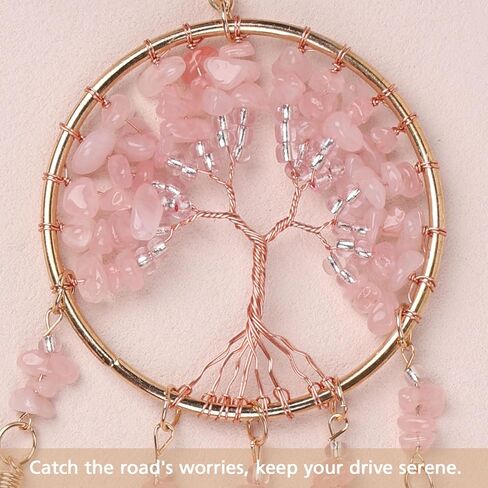 Pretty Jolly Small Tree of Life Crystal Stone Dream Catchers Pink Feathers Mini Dreamcatchers for Cars Rear View Mirror Hanging Decoration Good Luck Travel Charm Bedroom Ornaments for Women Girls in Saudi Arabia