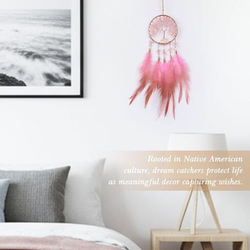 Pretty Jolly Small Tree of Life Crystal Stone Dream Catchers Pink Feathers Mini Dreamcatchers for Cars Rear View Mirror Hanging Decoration Good Luck Travel Charm Bedroom Ornaments for Women Girls in Saudi Arabia