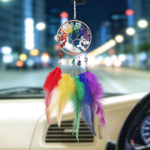 Pretty Jolly Small Tree of Life Crystal Stone Dream Catchers Pink Feathers Mini Dreamcatchers for Cars Rear View Mirror Hanging Decoration Good Luck Travel Charm Bedroom Ornaments for Women Girls in Saudi Arabia