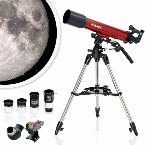 AmScope Refractor EQ Telescope with Equatorial Mount, 80mm Aperture, 900mm Focal Length, Stainless Steel Tripod and Red Dot Finder in Kuwait