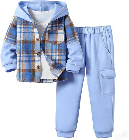 2PCS Kids Boys Clothes Flannel Plaid Shirt Tops Pants Set Hoodie Sweatsuit Outfit 4-12 Years Boy Girls Shirts 2 Piece in Saudi Arabia
