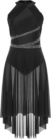 Womens Modern Lyrical Dance Dress High-Low Tulle Rhinestone Ballet Gymnastics Leotards Figure Skating Performance Costume in Kuwait