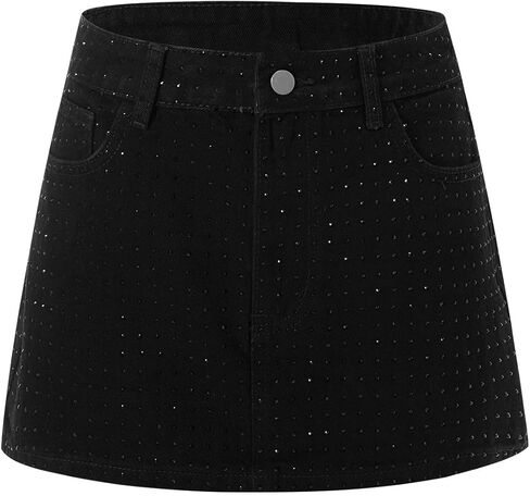 Women's Rhinestone Denim Mini Skirt Y2k Glitter Bodycon Party Club Jean Skirts Night Out Outfit in Saudi Arabia