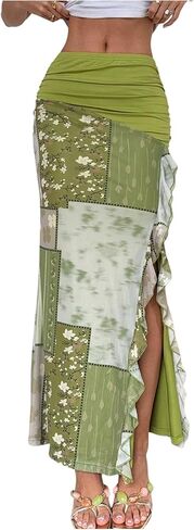 تنورة بوهو نسائية من Verdusa مزهّرة ومكشكشة، تنورة هيبي بفتحة الفخذ، تنانير طويلة مكشكشة in Kuwait