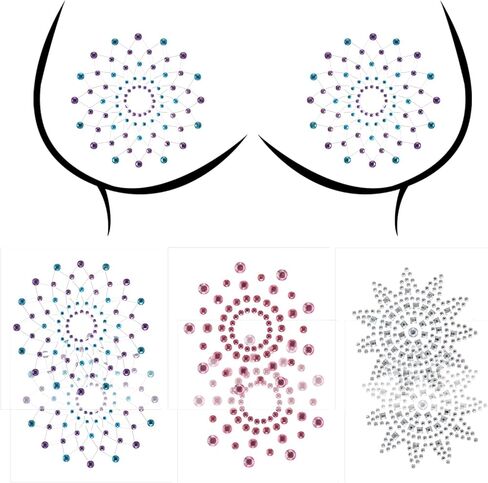 6 Pcs Rhinestone Pasties Crystal Glitter Pasties Nipple Covers Sexy Breast Covers Nipple Stickers(Silver Pink Blue Purple) in Saudi Arabia