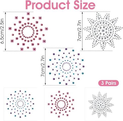 6 Pcs Rhinestone Pasties Crystal Glitter Pasties Nipple Covers Sexy Breast Covers Nipple Stickers(Silver Pink Blue Purple) in Saudi Arabia