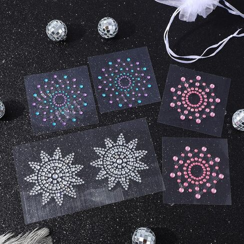 6 Pcs Rhinestone Pasties Crystal Glitter Pasties Nipple Covers Sexy Breast Covers Nipple Stickers(Silver Pink Blue Purple) in Saudi Arabia