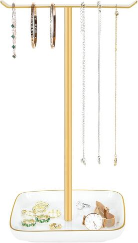 Necklace Holder Jewelry Stand Organizer, T‑Bar Jewelry Display Tree with Ceramic Base Tray for Countertop Necklace Bracelet Earring Storage, Vanity Dresser Bathroom Sink Bedroom Decor for Women, Gold in Saudi Arabia