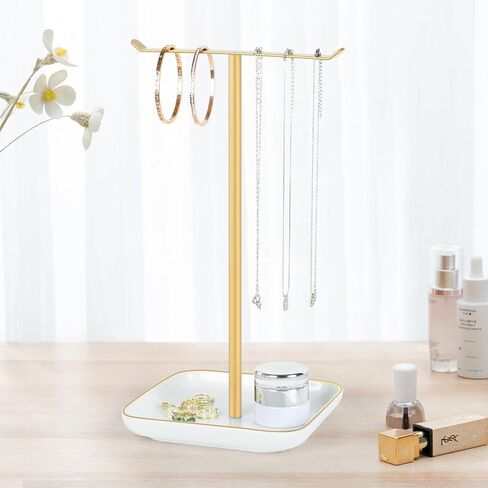 Necklace Holder Jewelry Stand Organizer, T‑Bar Jewelry Display Tree with Ceramic Base Tray for Countertop Necklace Bracelet Earring Storage, Vanity Dresser Bathroom Sink Bedroom Decor for Women, Gold in Saudi Arabia