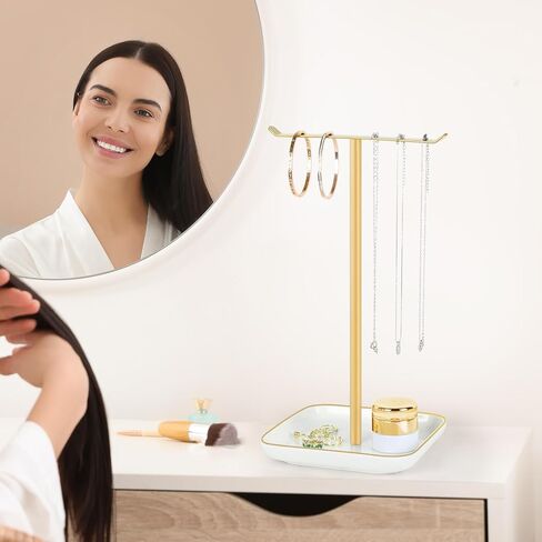 Necklace Holder Jewelry Stand Organizer, T‑Bar Jewelry Display Tree with Ceramic Base Tray for Countertop Necklace Bracelet Earring Storage, Vanity Dresser Bathroom Sink Bedroom Decor for Women, Gold in Saudi Arabia