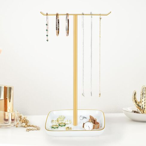 Necklace Holder Jewelry Stand Organizer, T‑Bar Jewelry Display Tree with Ceramic Base Tray for Countertop Necklace Bracelet Earring Storage, Vanity Dresser Bathroom Sink Bedroom Decor for Women, Gold in Saudi Arabia