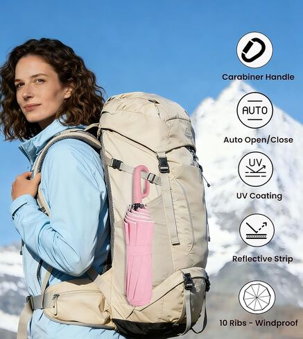 مظلة بمقبض بحلقة تسلق مقاس 46/54 بوصة من MRTLLOA، مقاومة للرياح لأشعة الشمس والأشعة فوق البنفسجية والمطر مع شريط عاكس، قابلة للطي مدمجة للسفر/السيارة/حقيبة الظهر in Kuwait