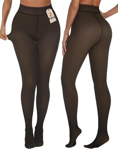 Buauty 2 Pack Fleece Lined Tights Crotch One Seam Line Sheer Warm Leggings Fake Translucent Thermal Tights for Winter in Saudi Arabia