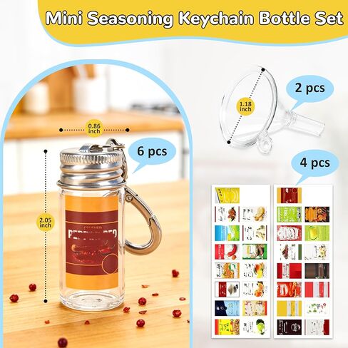 مجموعة زجاجات توابل صغيرة من FANTOVO، 6 قطع من مرطبانات التوابل الفارغة مع مسارات صغيرة وملصقات DIY من 30 نمطًا، حاملات سلسلة مفاتيح محكمة الغلق أثناء التنقل للسفر وفي الهواء الطلق وصناديق الغداء والتخييم، إجمالي 6+2+4. in Kuwait