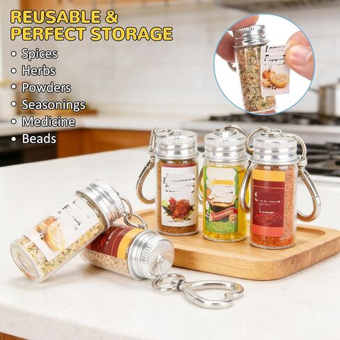 مجموعة زجاجات توابل صغيرة من FANTOVO، 6 قطع من مرطبانات التوابل الفارغة مع مسارات صغيرة وملصقات DIY من 30 نمطًا، حاملات سلسلة مفاتيح محكمة الغلق أثناء التنقل للسفر وفي الهواء الطلق وصناديق الغداء والتخييم، إجمالي 6+2+4. in Kuwait