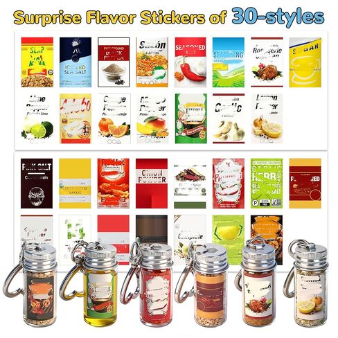 مجموعة زجاجات توابل صغيرة من FANTOVO، 6 قطع من مرطبانات التوابل الفارغة مع مسارات صغيرة وملصقات DIY من 30 نمطًا، حاملات سلسلة مفاتيح محكمة الغلق أثناء التنقل للسفر وفي الهواء الطلق وصناديق الغداء والتخييم، إجمالي 6+2+4. in Kuwait