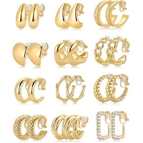 AKEOQI 12 Pairs Clip on Earrings for Women 14K Gold Silver Plated Chunky Non-Pierced Hoop Earring Waterdrop Twist Tube Croissant Bamboo Hoop Earrings Clips Fake Earrings Jewelry Set in Saudi Arabia