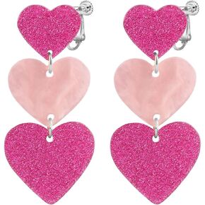Clip on Dangle Earrings for Women, Pink Red Green Acrylic Love Heart Jewelry, Non Pierced, Long Tassel Hearts Trendy Valentines Drop Dangling Earrings in Saudi Arabia